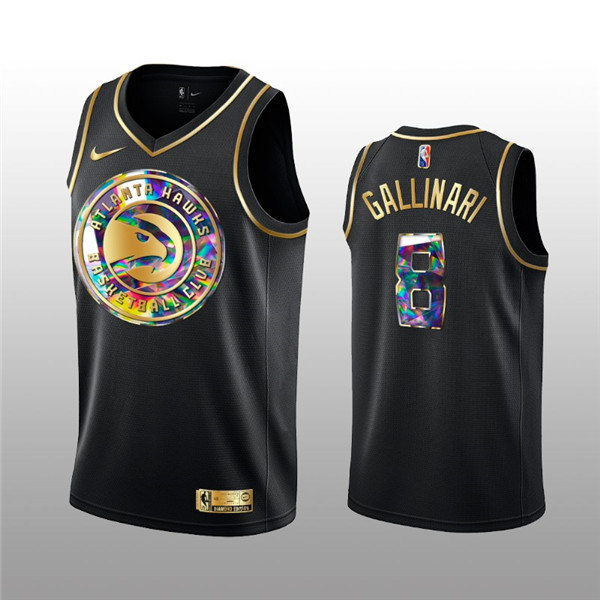 Men's Atlanta Hawks #8 Danilo Gallinari 2021/22 Black Golden Edition 75th Anniversary Diamond Logo Stitched Basketball Jersey Men's Atlanta Hawks #8 Danilo Gallinari 2021/22 Black Golden Edition 75th Anniversary Diamond Logo Stitched Basketball Jersey